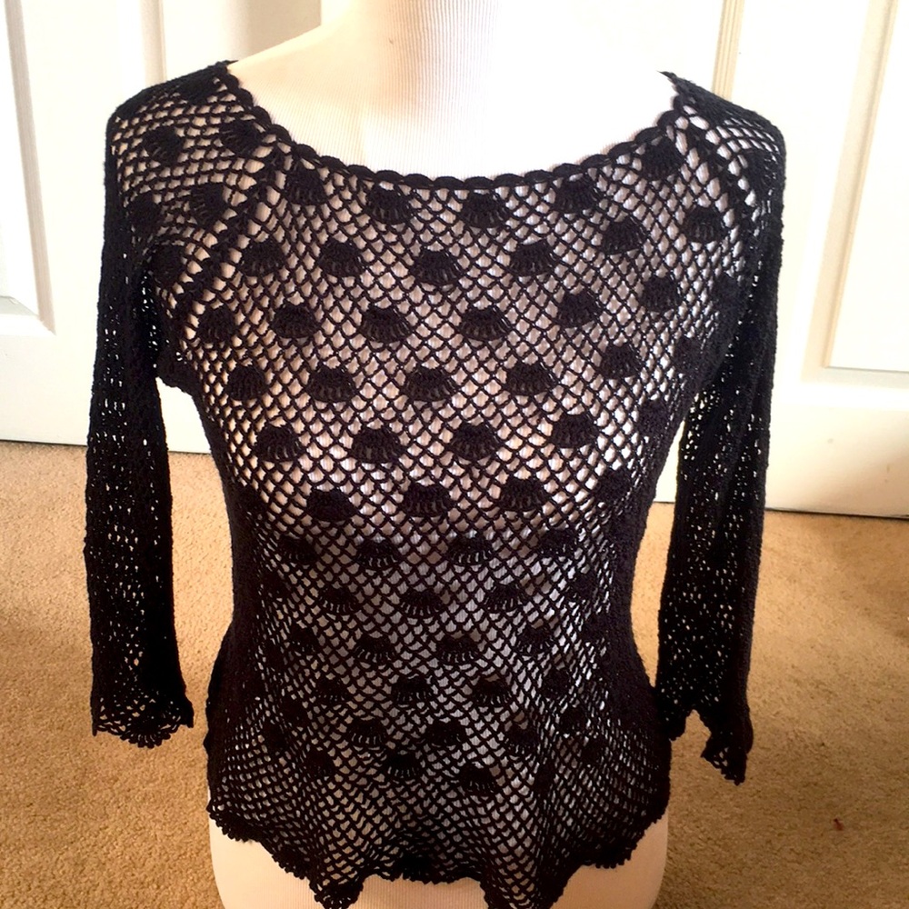 Adorable Black Loose Open Weave Top